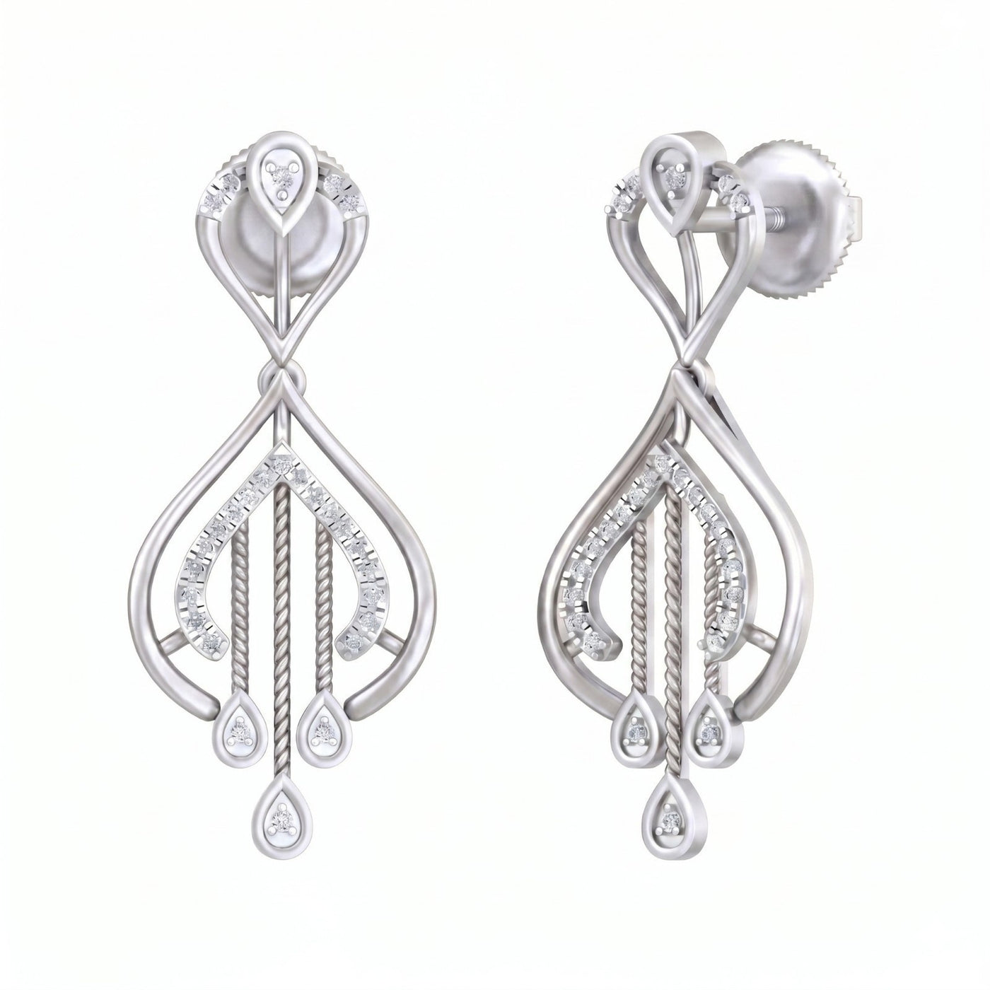 White gold earrings with diamond accents on a white background