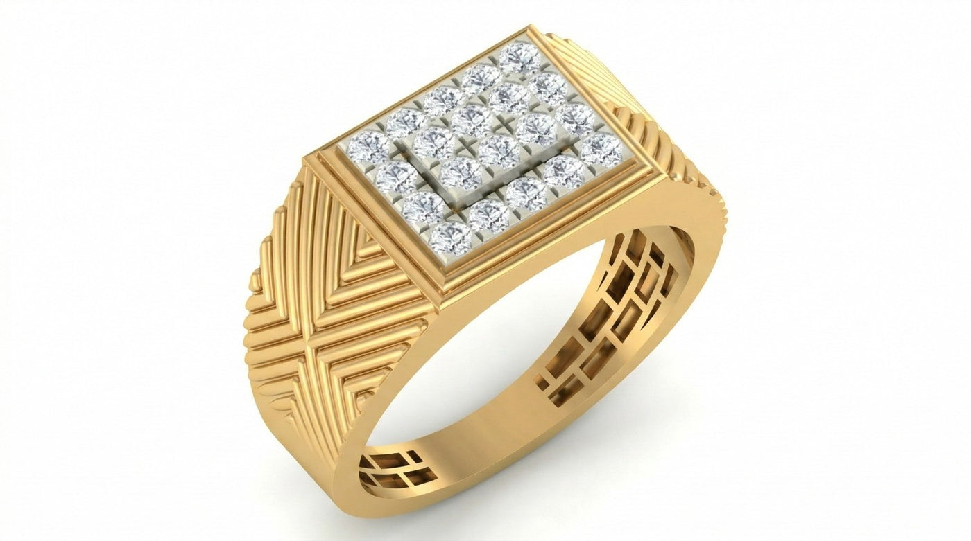 Yellow gold ring with diamond-studded top on a white background