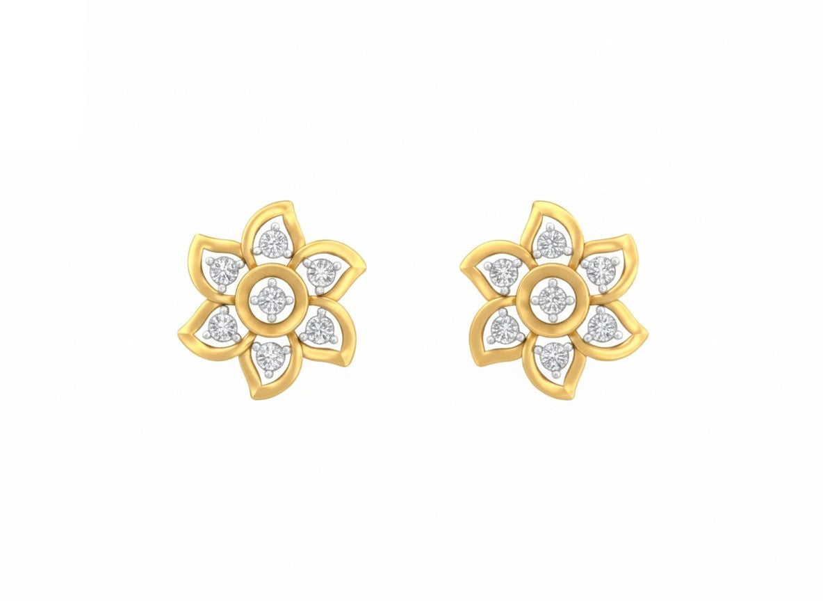Yellow gold and diamond floral stud on a white backgound