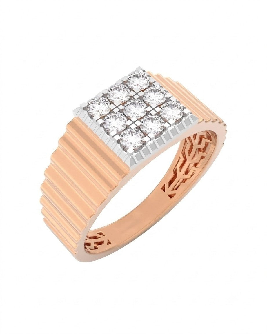 A rose gold men's ring featuring a square cluster of clear pavé diamonds, shown against a plain white background.