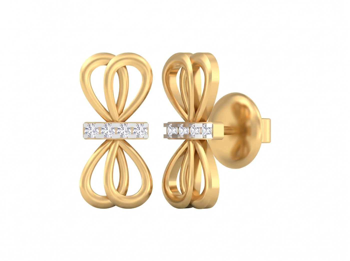 Yellow gold and diamond bow stud earring on a white background.