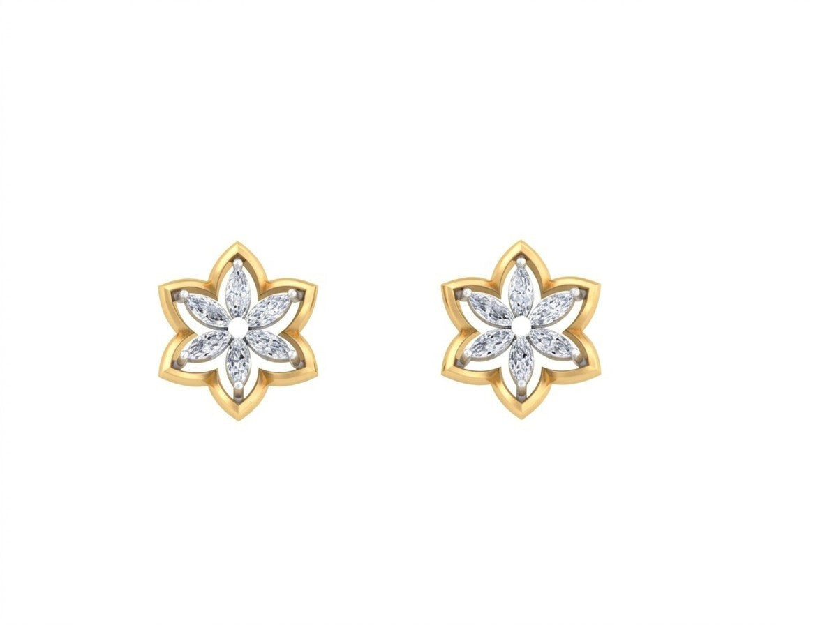 Pair of yellow gold and diamond flower-shaped earrings on a white background.