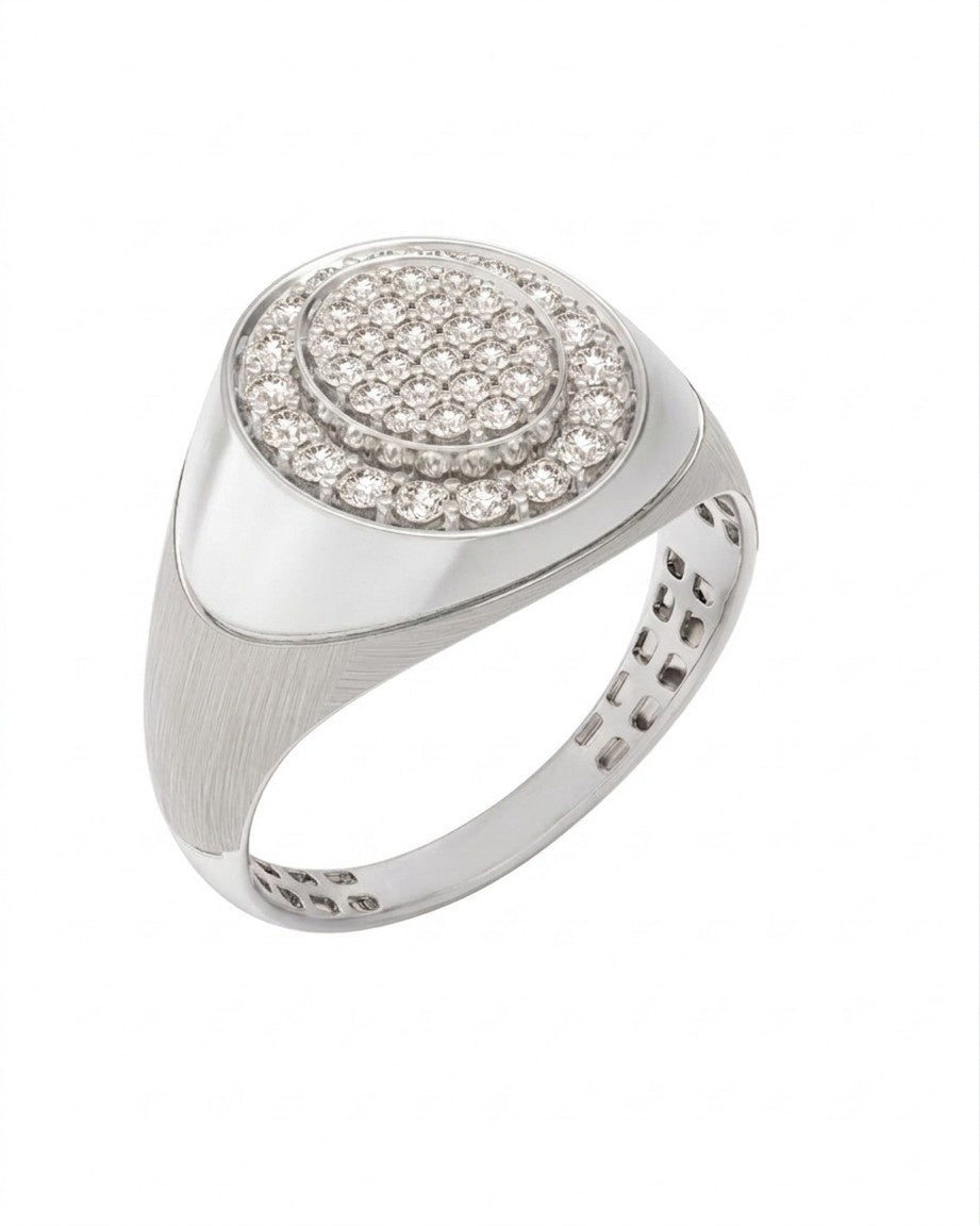 A white gold signet ring featuring a cen6er cluster, shown on a plain white background.