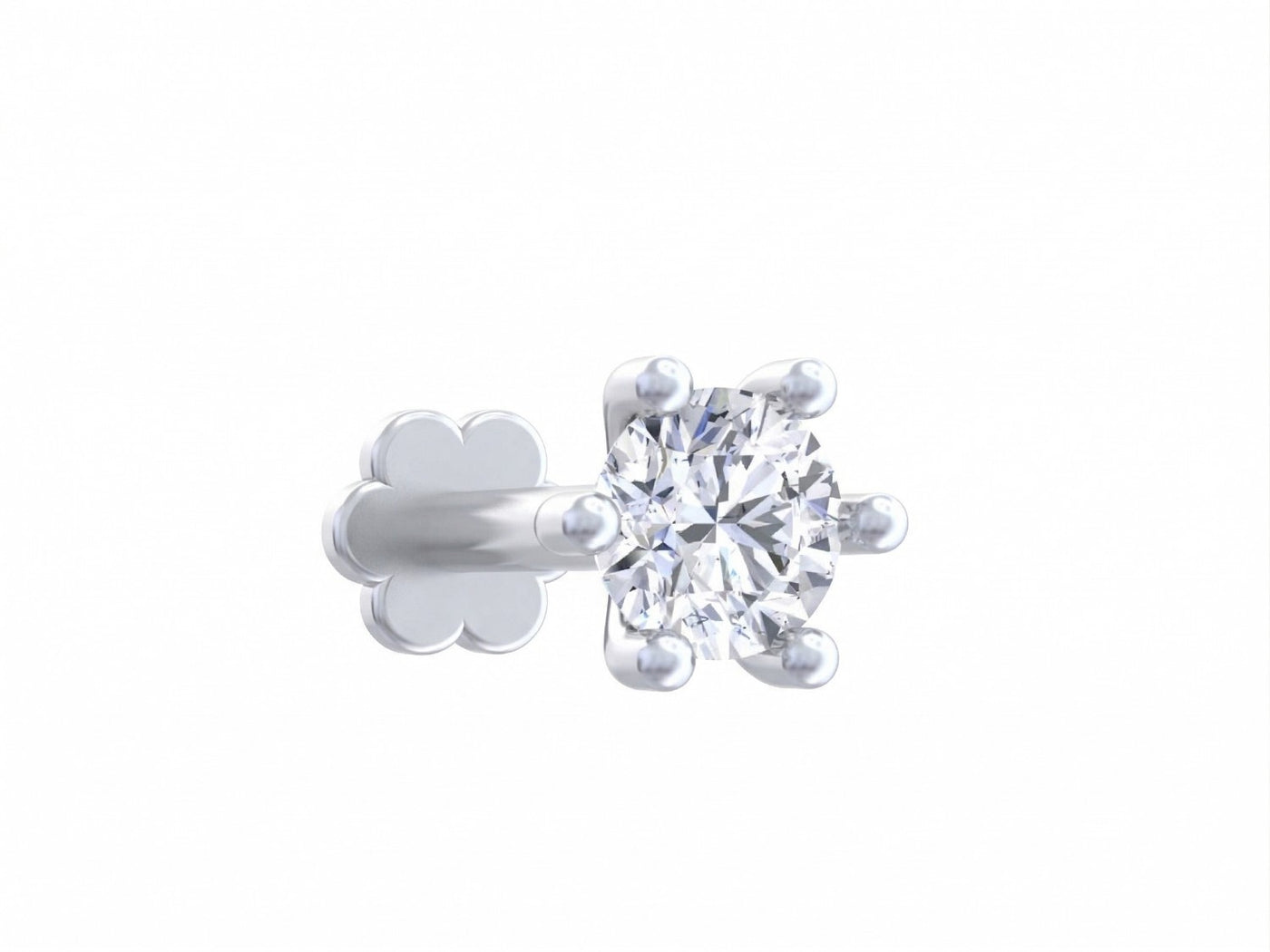 White gold and diamond stud nose pin earring on a white background