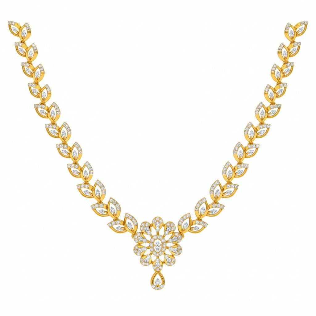 Yellow gold necklace with diamond-like stones on a white background