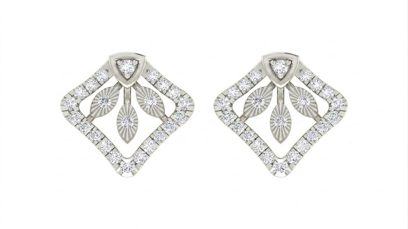 Pair of diamond earrings with white gold and diamond design on a white background.