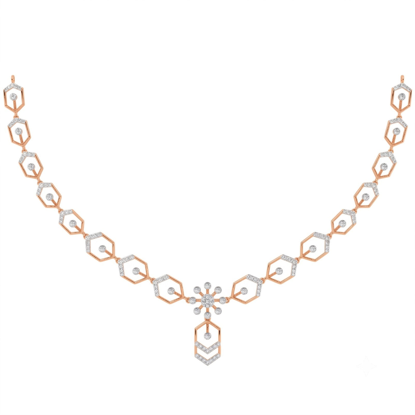 A rose gold and diamond necklace with a central floral starburst motif, set against a plain white background.