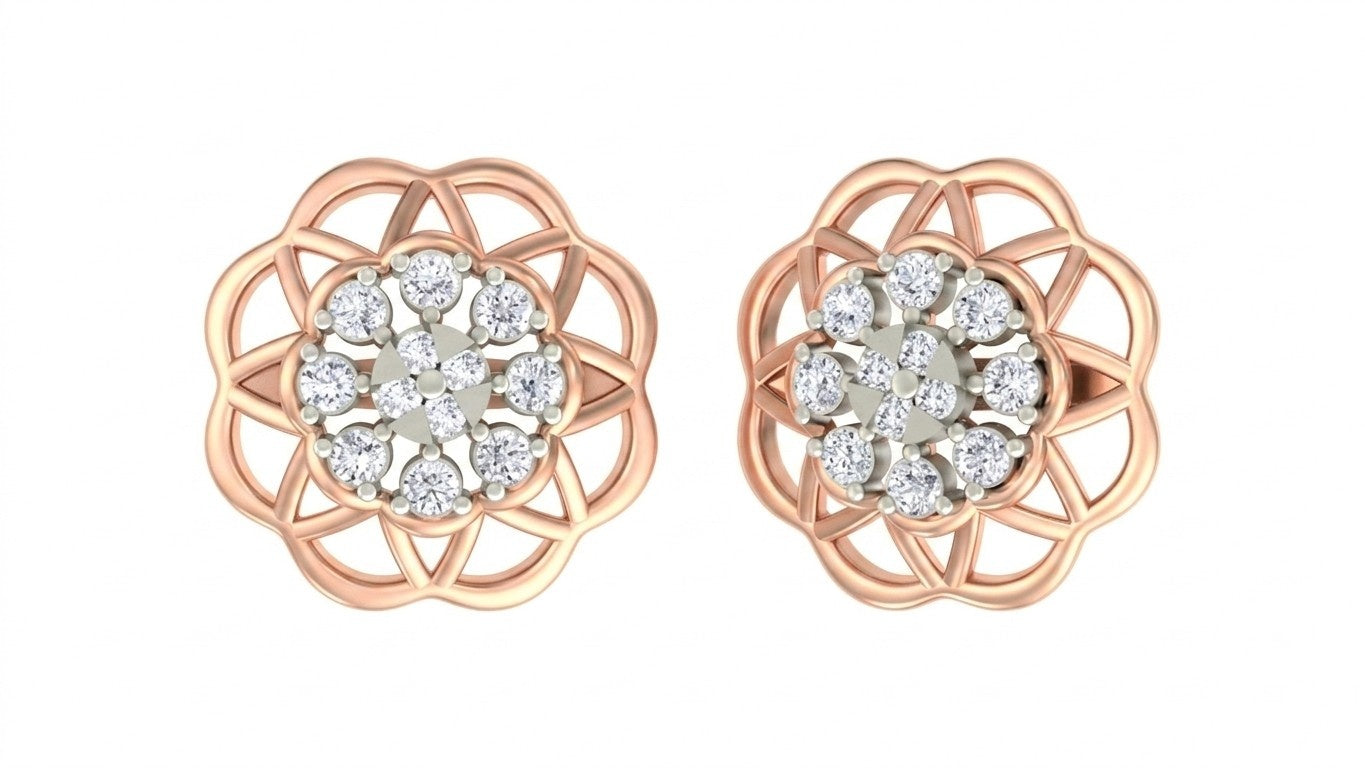 Rose gold and diamond stud earring with floral-design on a white background.