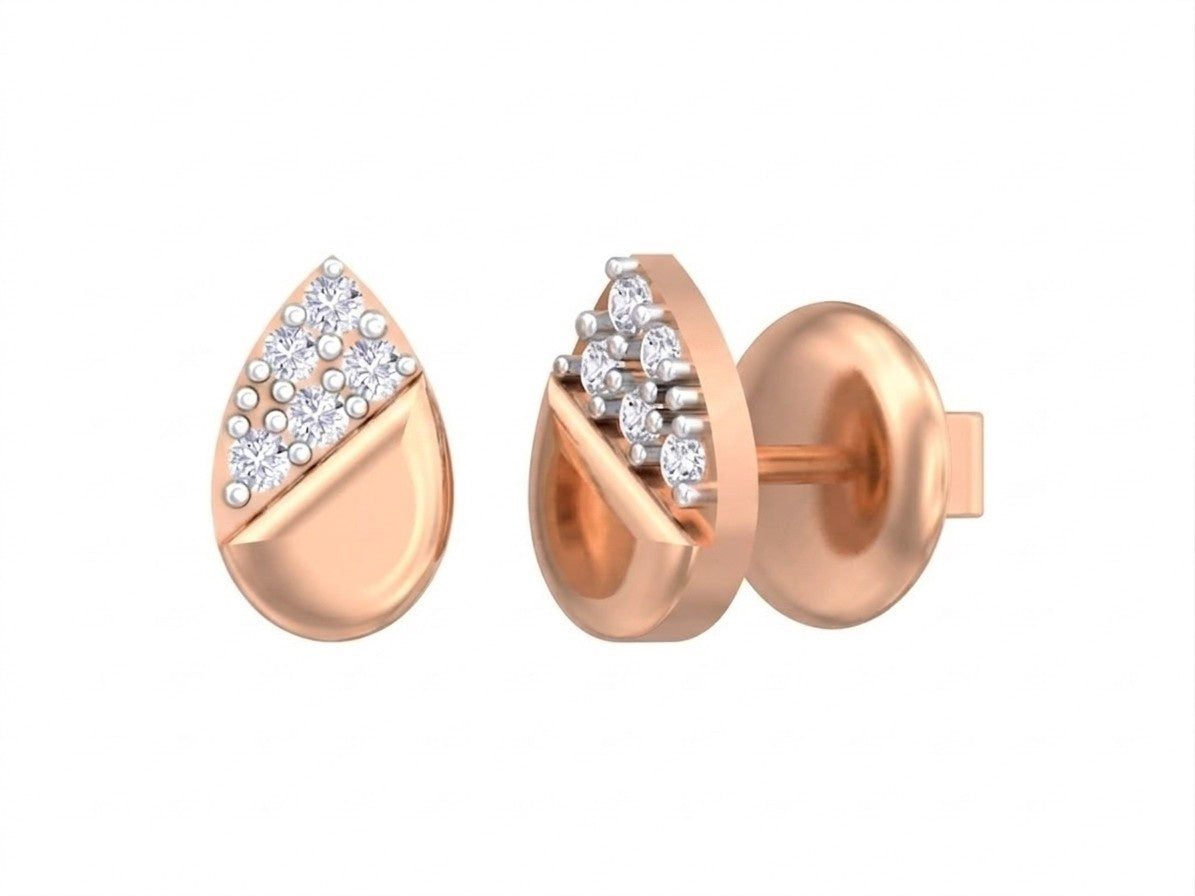 Rose gold and diamond stud earring with teardrop-shaped on a white background.