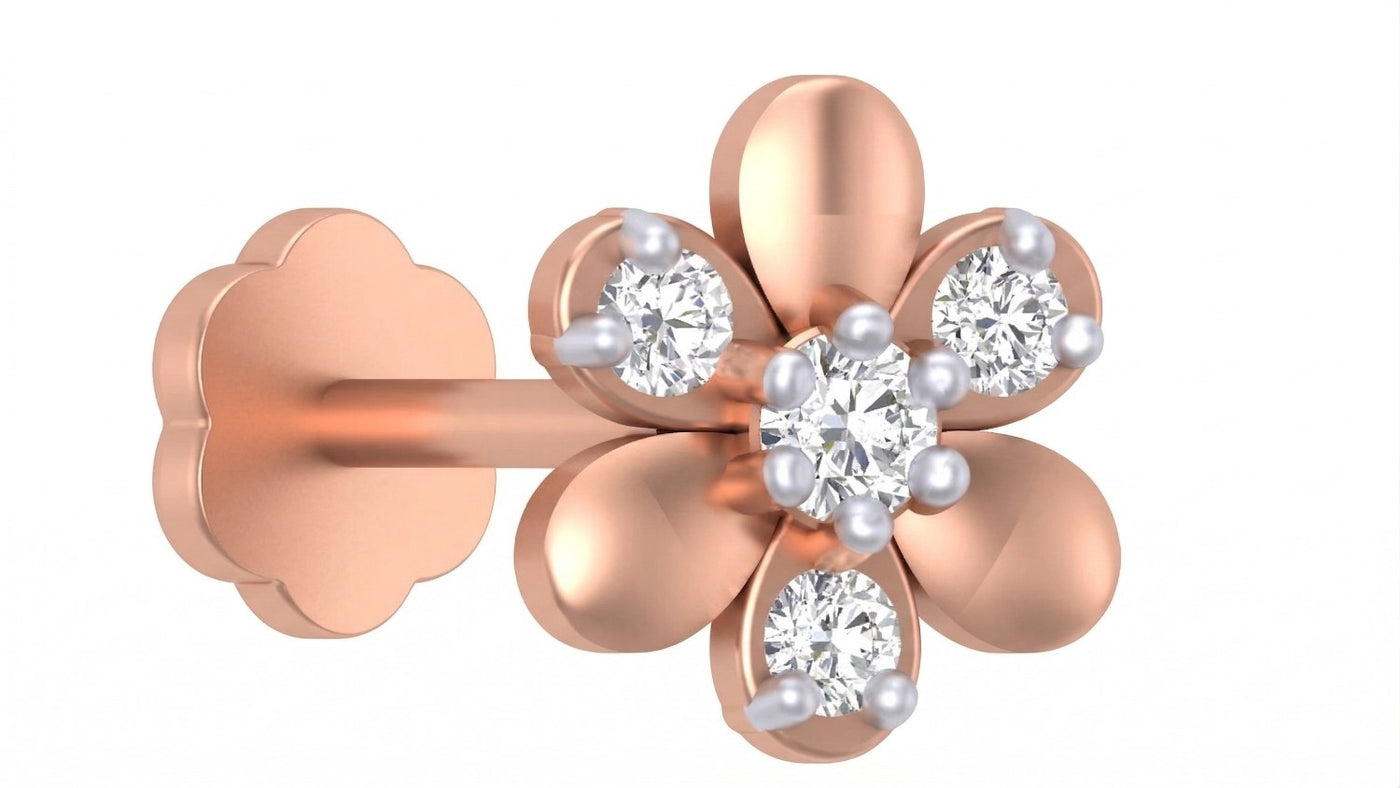 rose gold and diamond stud nose pin on a white background