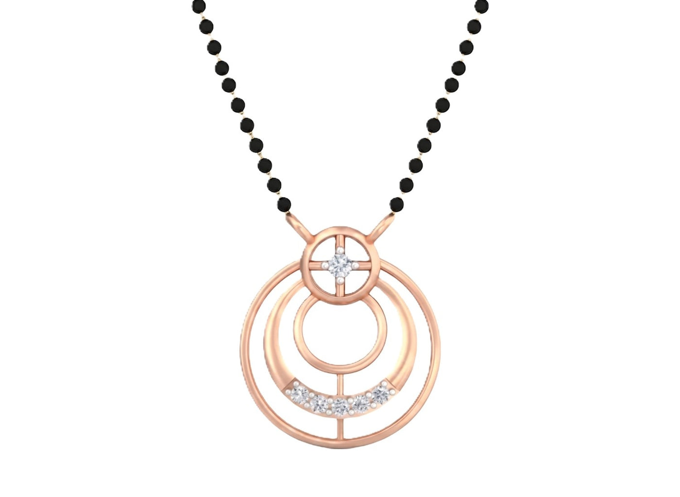 Rose gold mangalsutra and black beads on a white background