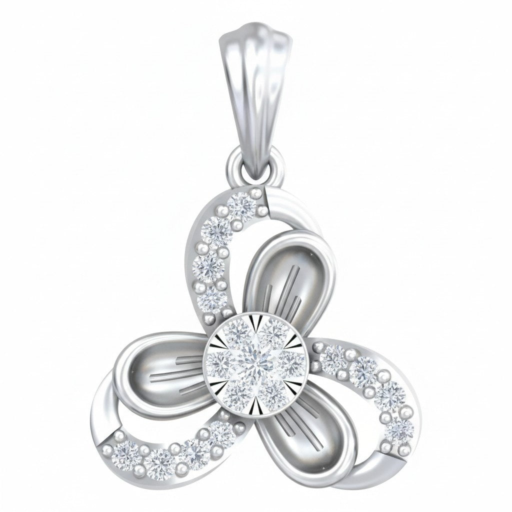 A white gold-tone flower pendant charm featuring a round clear center stone and small clear stones along the curved petals, set against a plain white background.