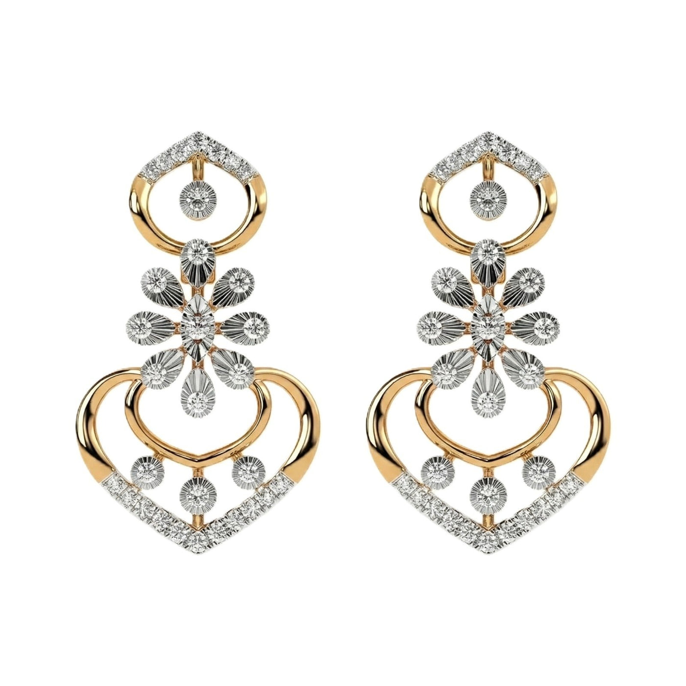 A pair of yellow gold and diamond earrings, featuring a heart-shaped design with floral and circular details, set against a plain white background.
