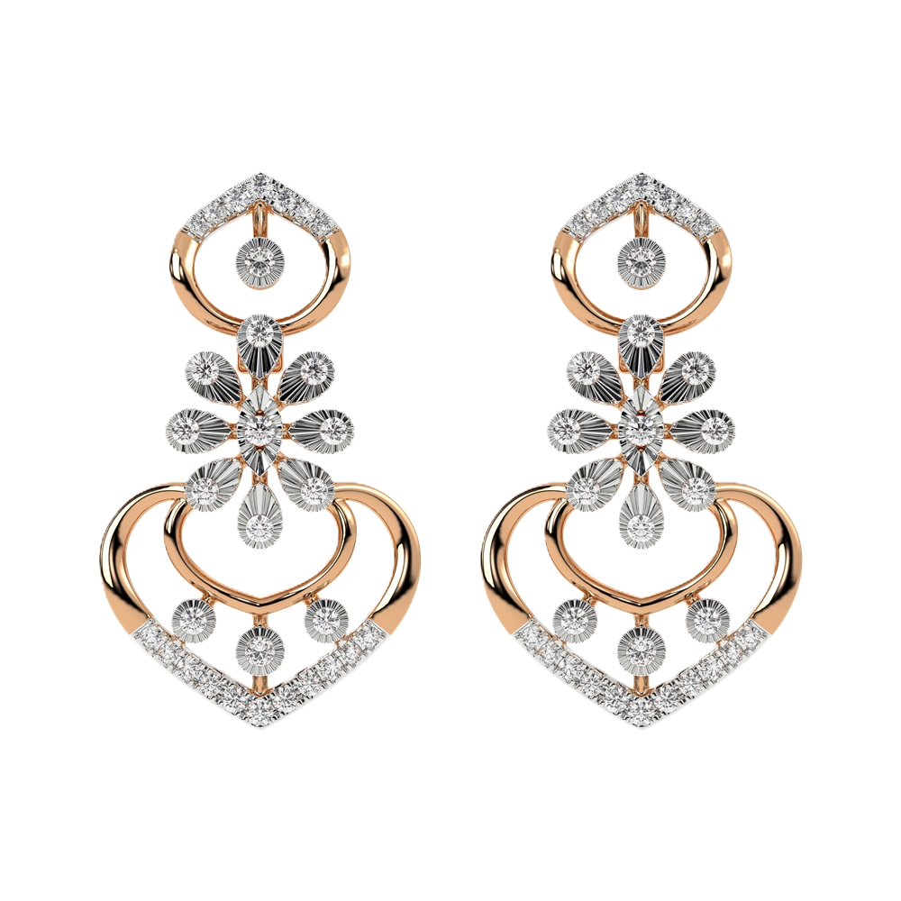 Pair of rose gold and diamond earrings on a white background