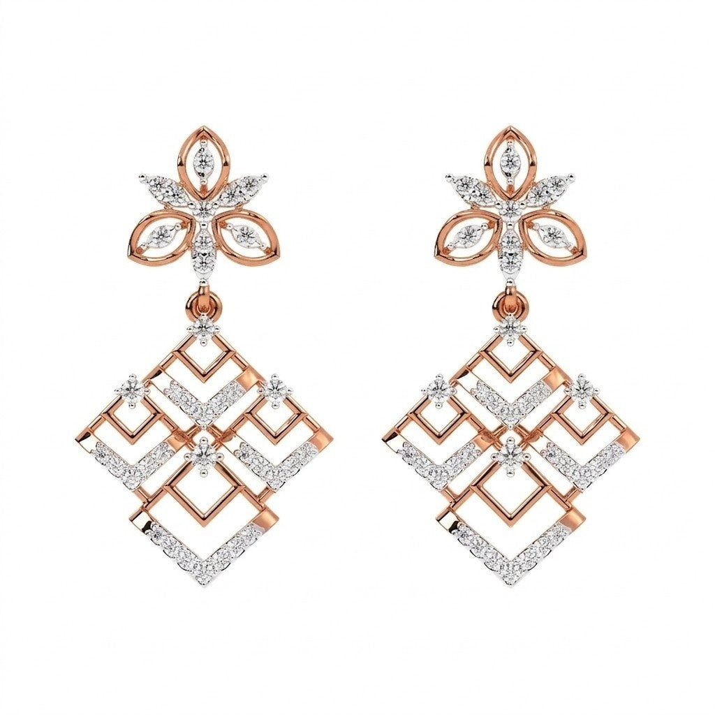 A pair of rose gold and diamond dangler earrings, featuring a floral stud top and a geometric diamond-shaped dangle.