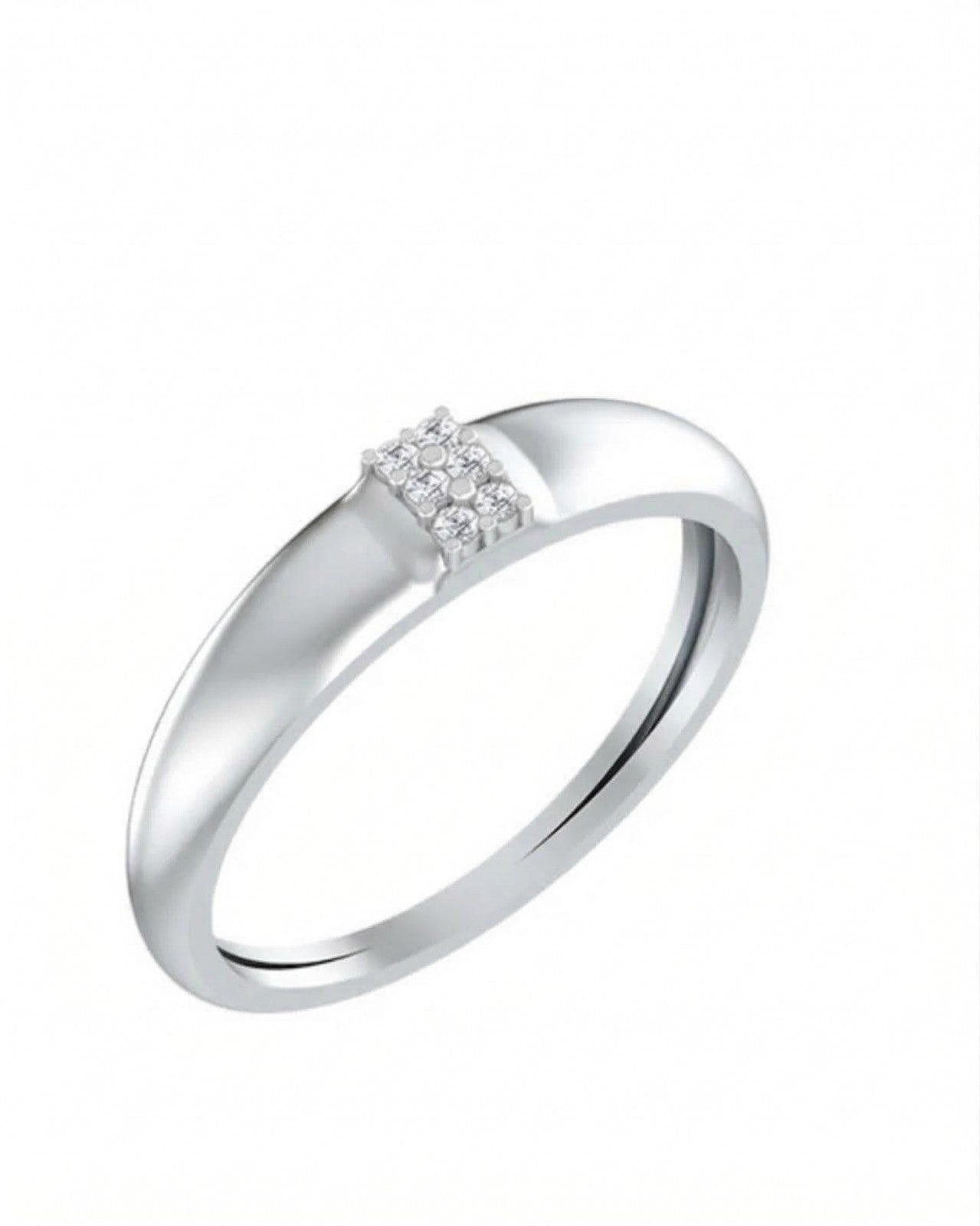 White gold ring with a small diamond cluster on a white background
