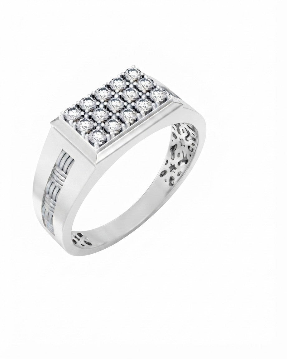 A men's signet ring featuring a white gold band with a diamond rectangular, on a white background.