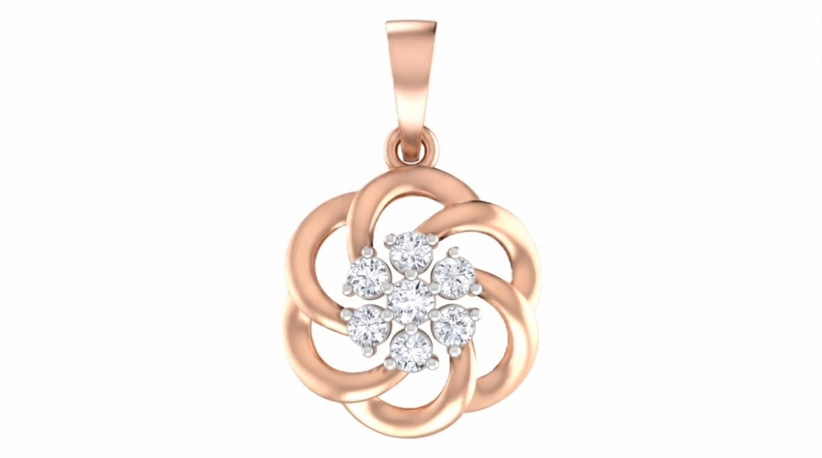 Rose gold and diamond floral pendant on white background