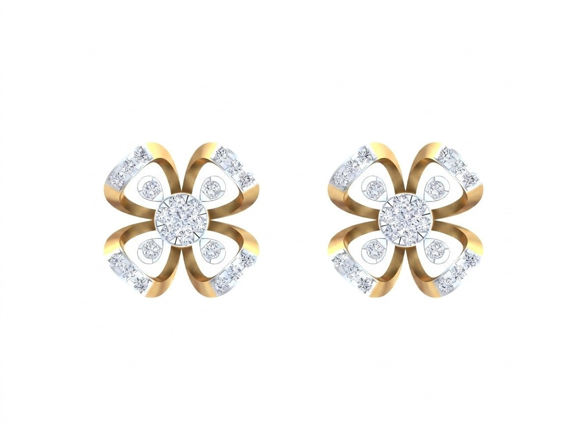 A pair of yellow gold and diamond floral stud earrings on a white background.