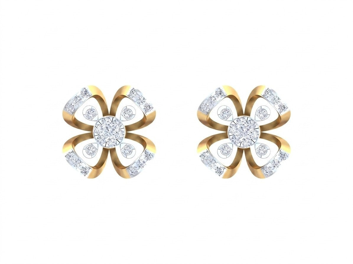 A pair of yellow gold and diamond floral stud earrings on a white background.