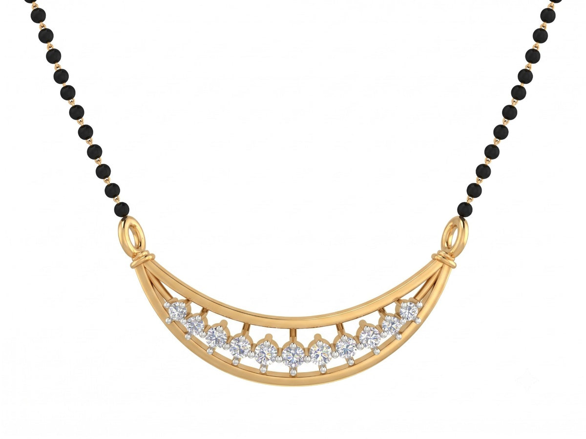 Yellow gold mangalsutra with black beads on a white background