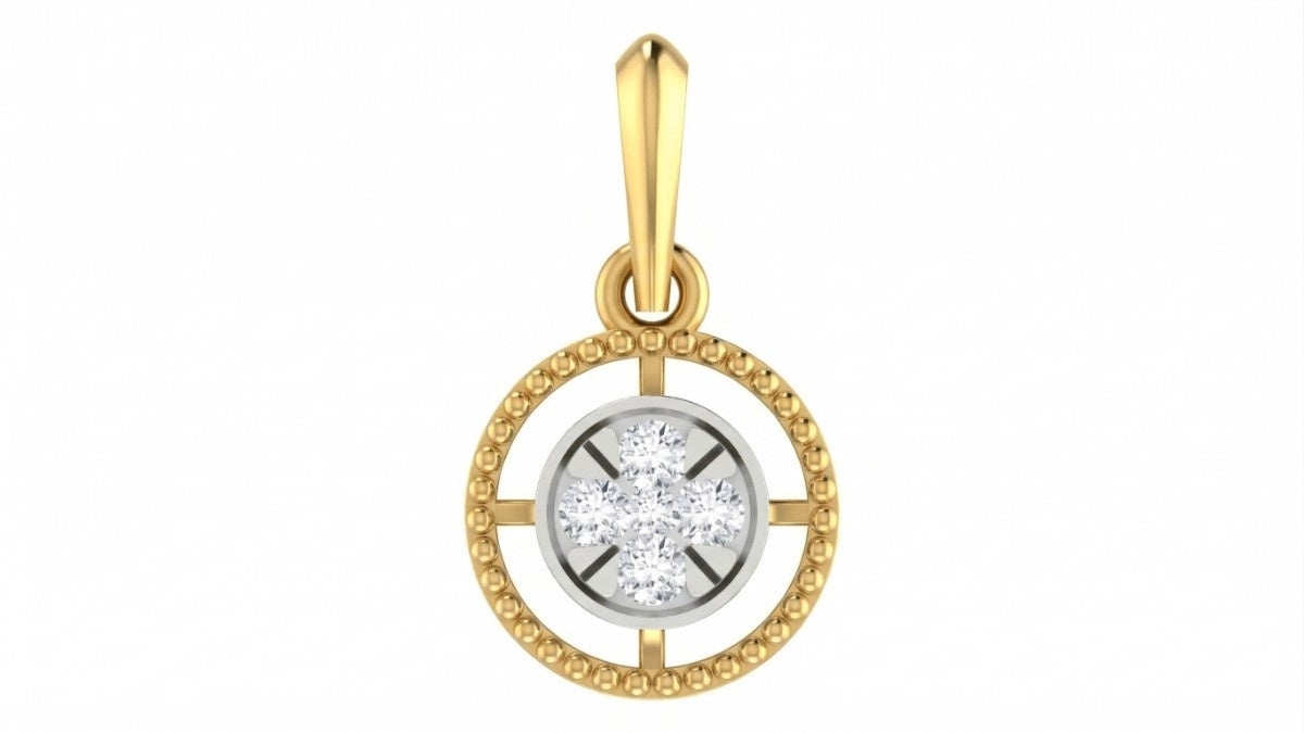 Gold pendant with a circular design and embedded stones on a white background