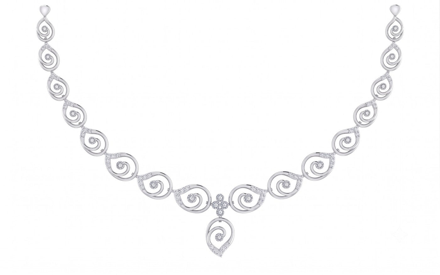 A white gold and diamond necklace motifs set, displayed on a solid white background.