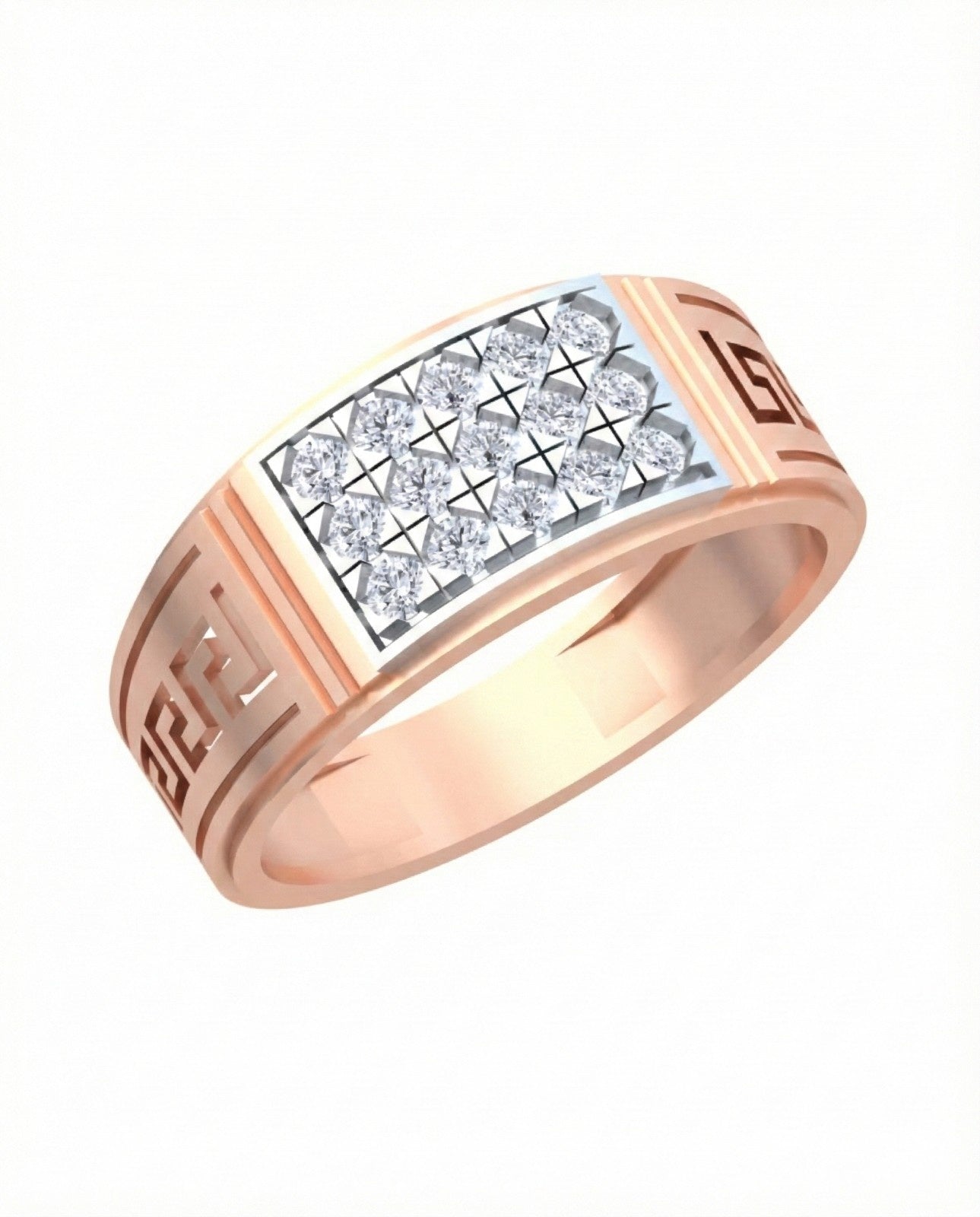 A men's rose gold ring featuring a rectangular diamond center, shown on a plain white background.