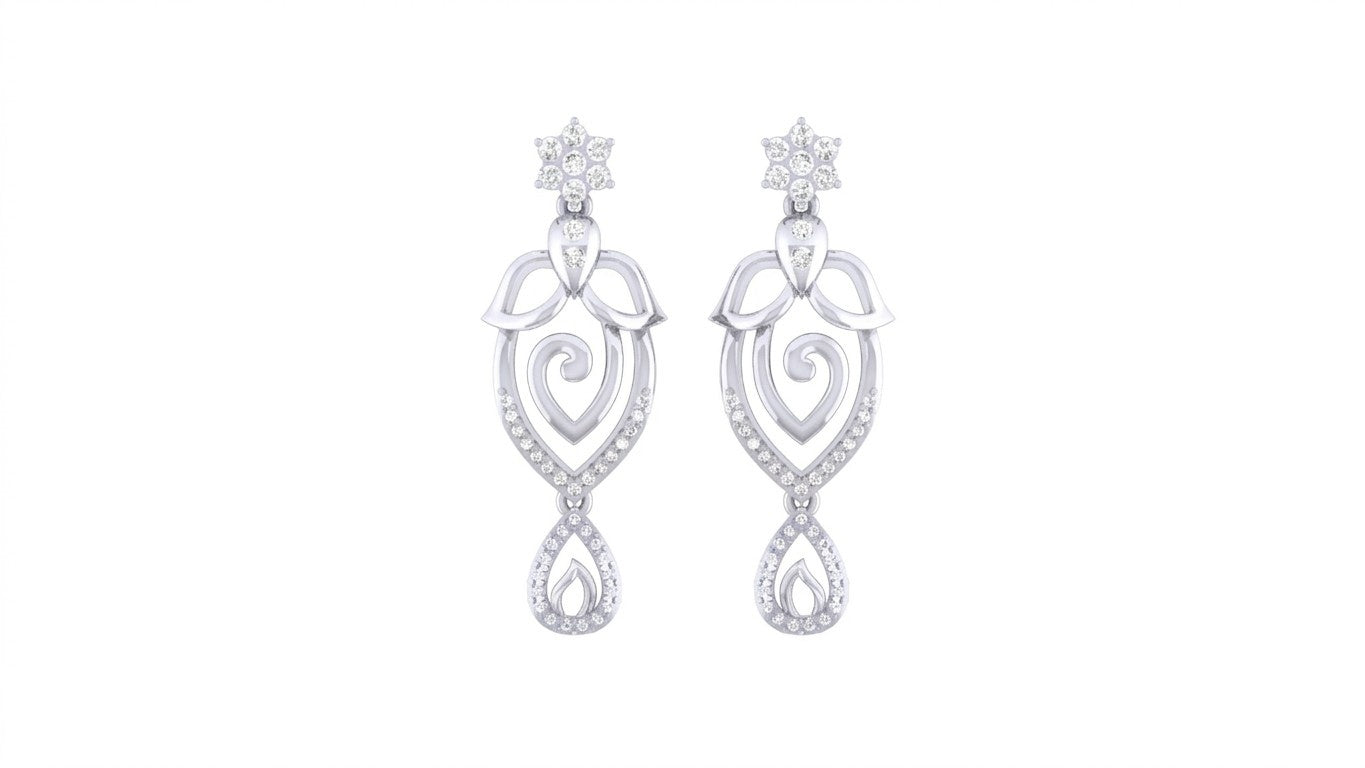 Pair of white gold and diamond earrings with intricate designs on a white background.