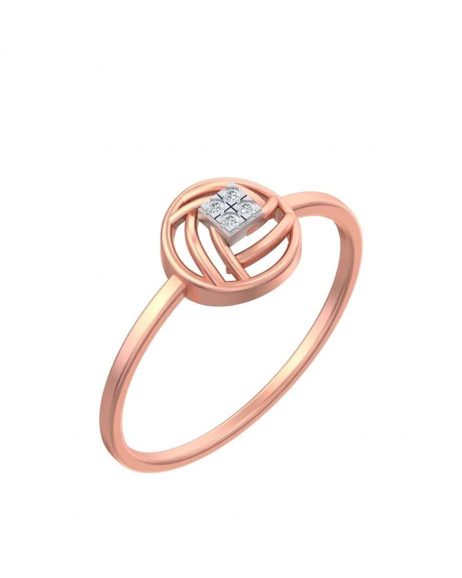 A thin rose gold ring featuring a circular, interwoven gold centerpiece with a small square setting