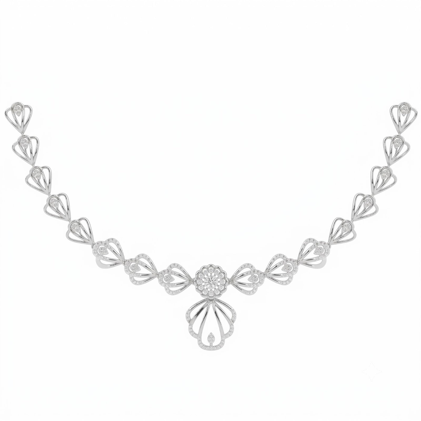 White gold and diamond necklace featuring a central floral motif, displayed on a solid white background.