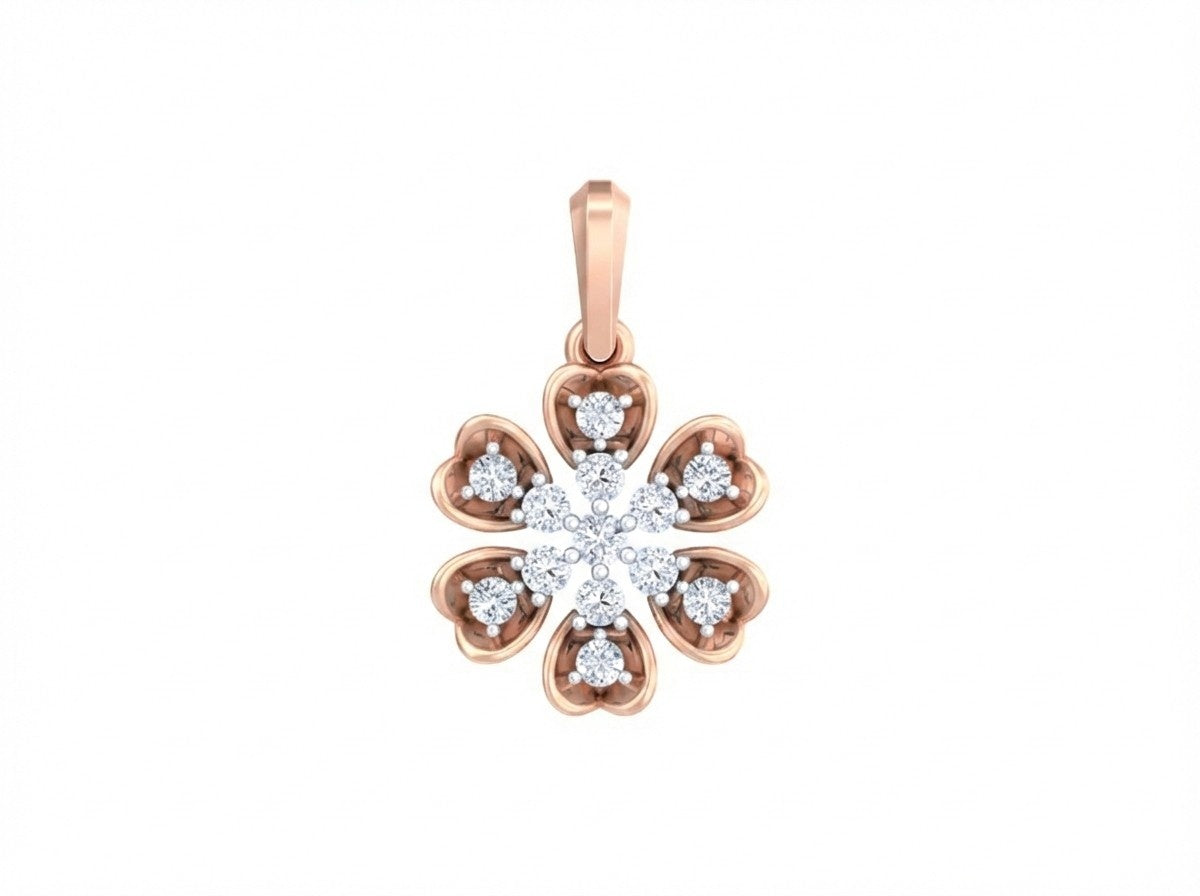 A rose gold flower-shaped pendant with a central cluster of clear round-cut gemstones, set against a plain white background.