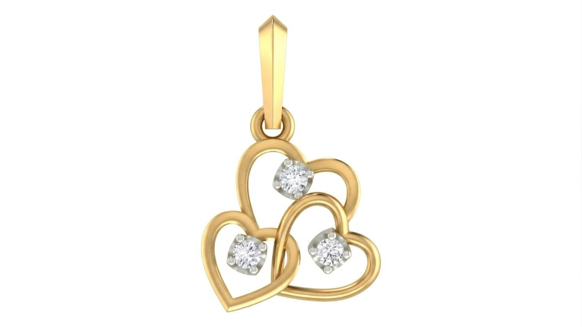 Gold pendant with three interlocking hearts and embedded diamonds on a white background
