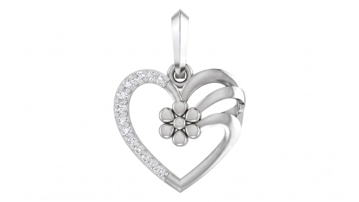 Silver heart-shaped pendant with a floral design on a white background