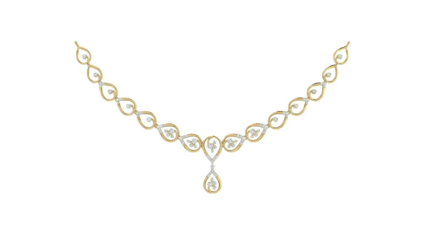 Yellow gold necklace with a teardrop-shaped design on a white background