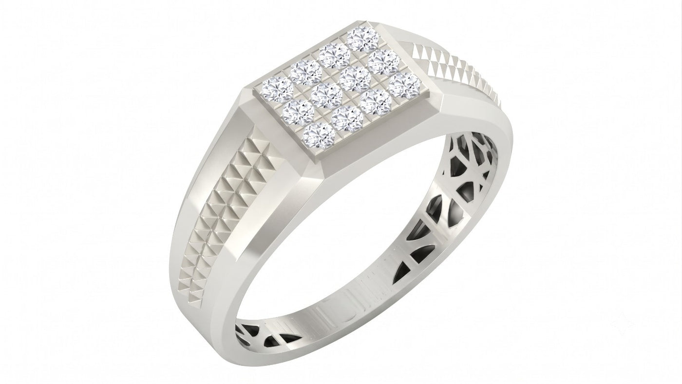 A white gold ring with a rectangular diamond cluster setting and textured, shown on a plain white background.