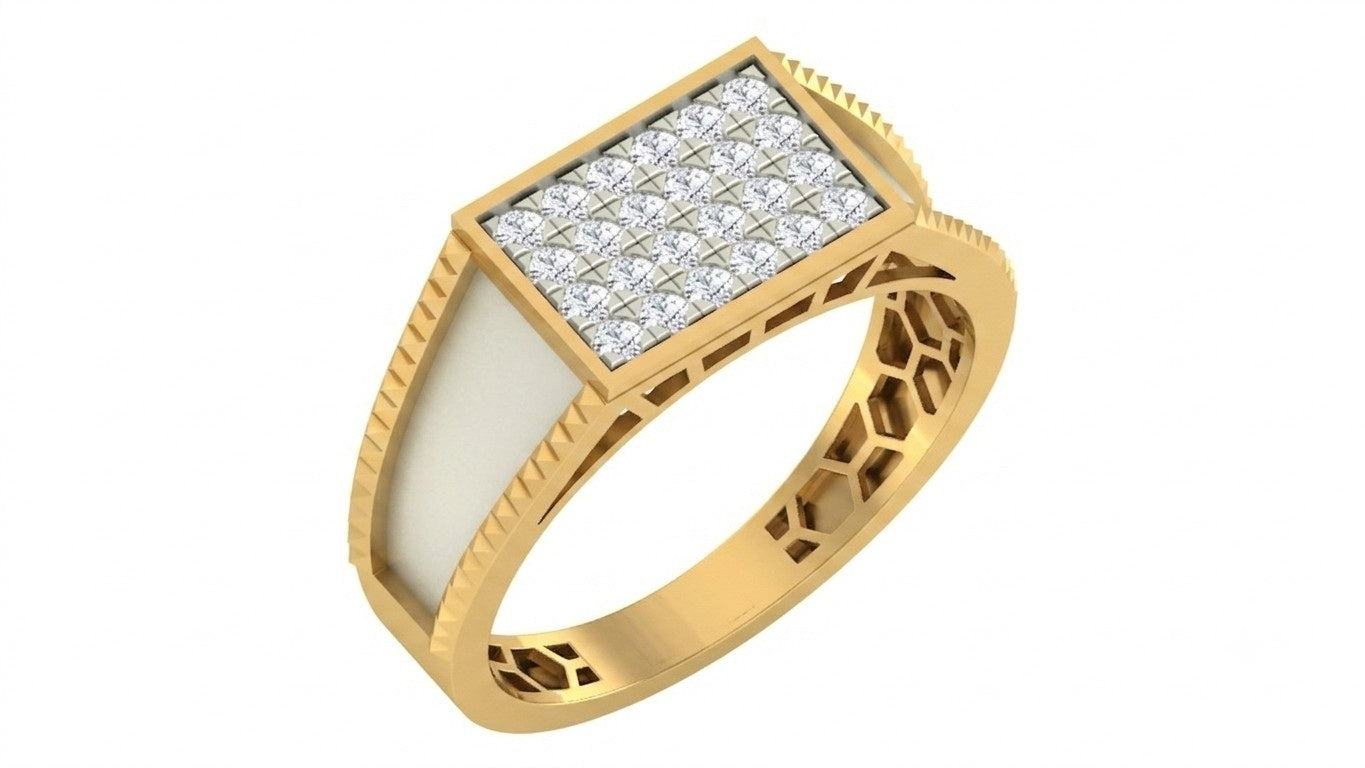 A yellow gold signet ring featuring a rectangular pavé diamond top, shown on a plain white background.