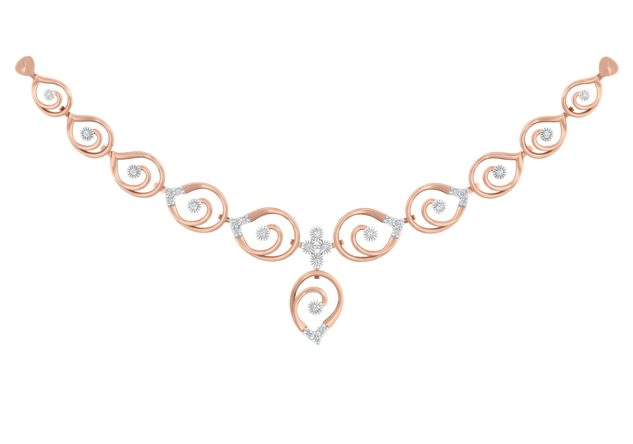 Rose gold and diamond necklace with diamond-accented swirl links and a geometric pendant drop.