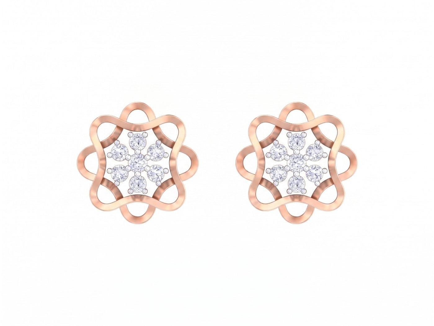 Rose gold and diamond stud earring with floral-design on a white background.