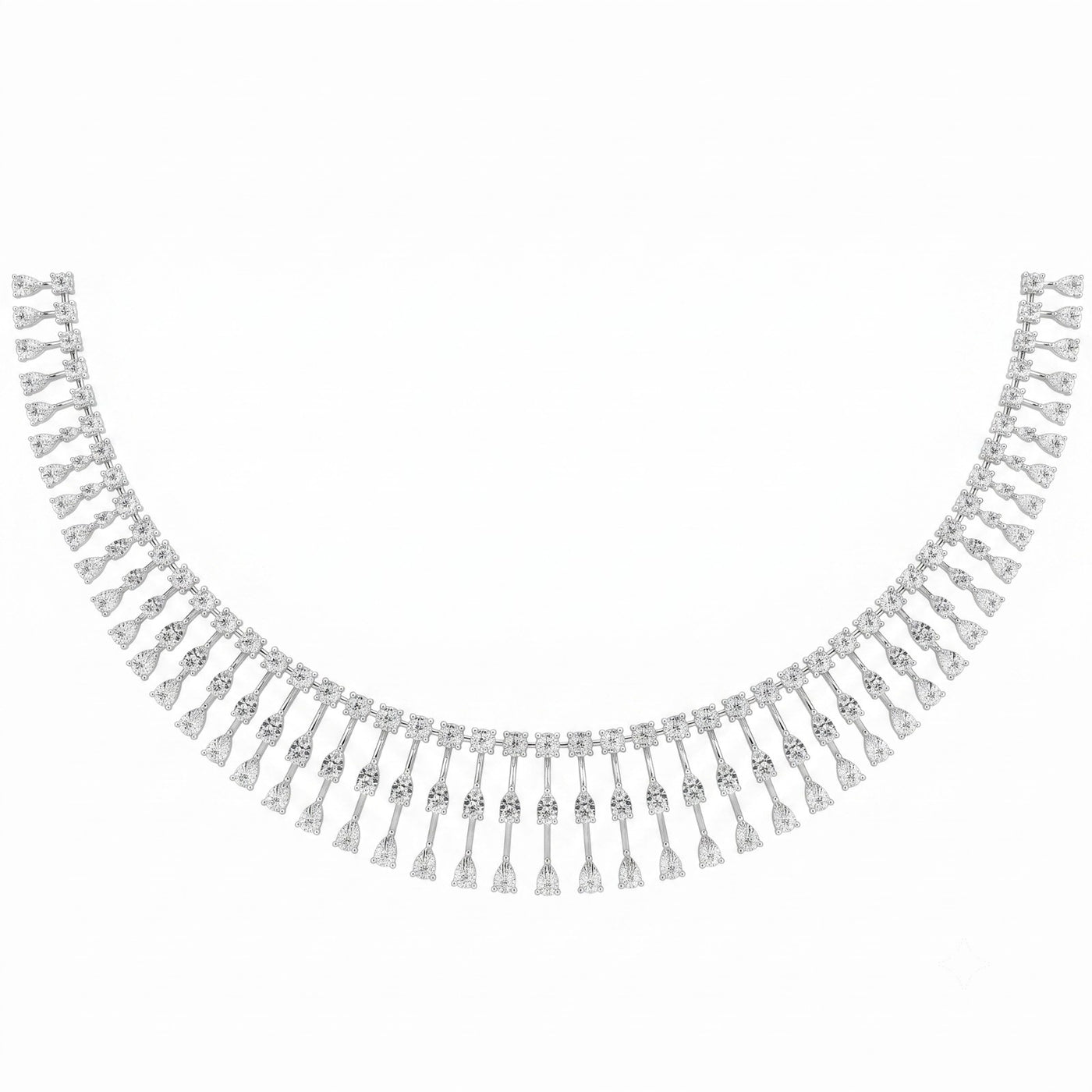 A white gold and diamond necklace featuring multiple rows of teardrop-shaped diamonds, displayed against a solid white background.