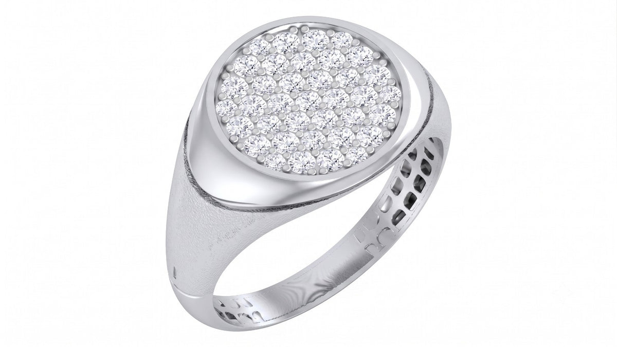 A white gold and diamond featuring a large oval pavé diamond setting, shown on a plain white background.