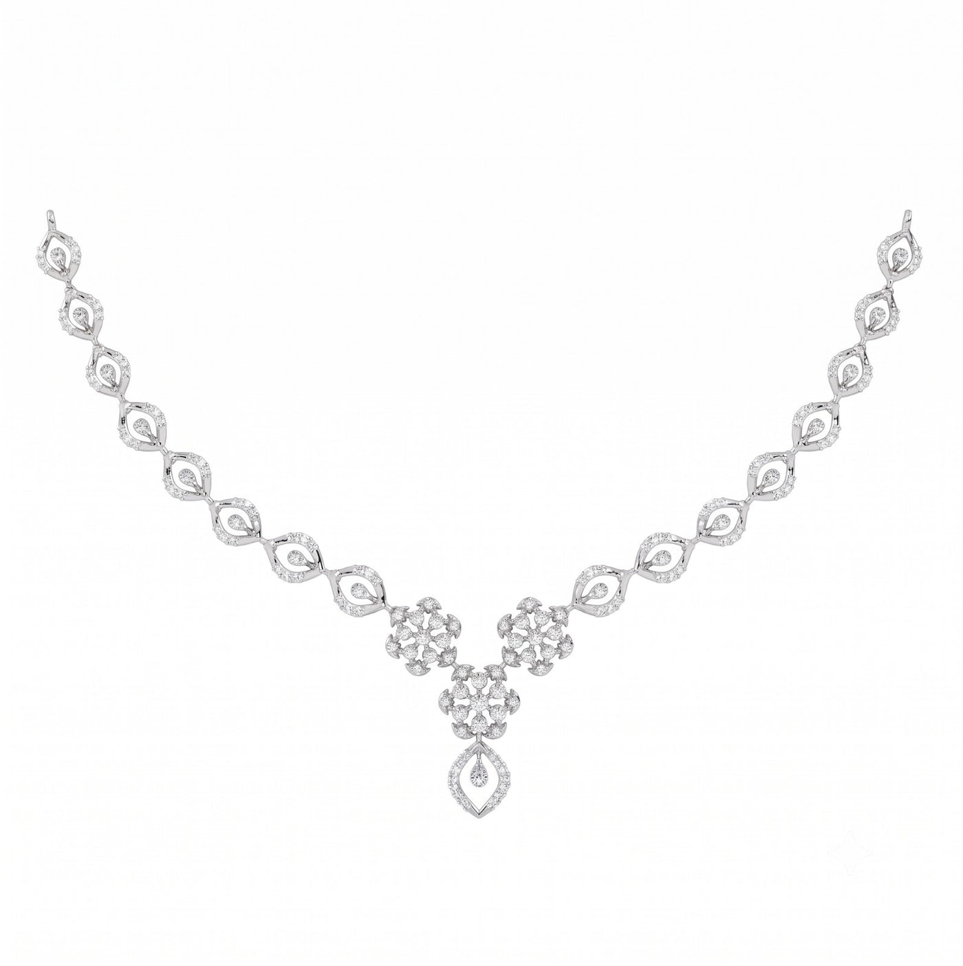 Gold and diamond necklace with a V-shaped, featuring round and teardrop-cut in a white gold on a white background.