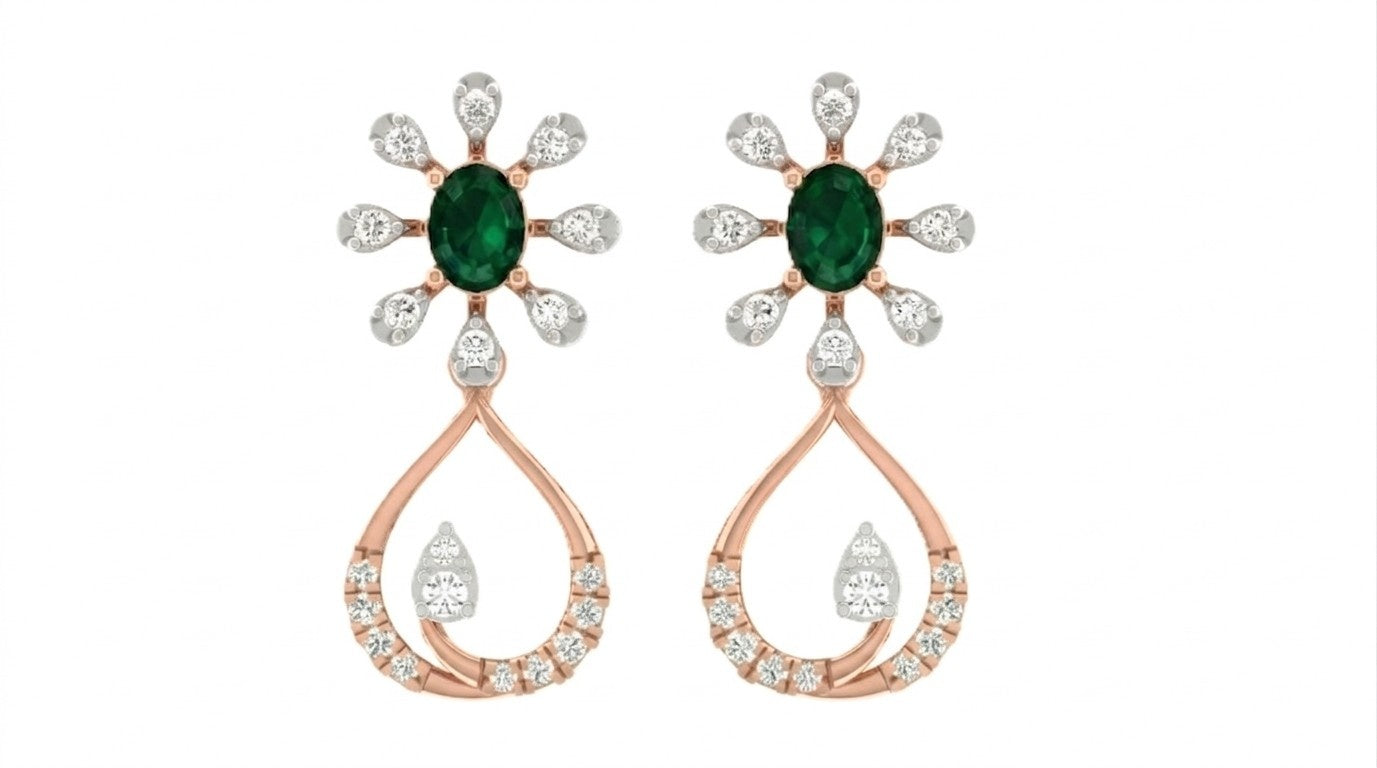 Rose gold and diamond drop earring with gemstone on a white background.
