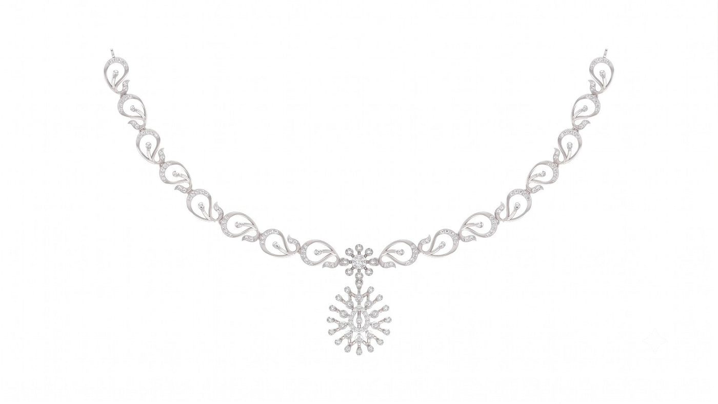A delicate white gold and diamond  necklace featuring a repeating leaf pattern, displayed on a clean white background.
