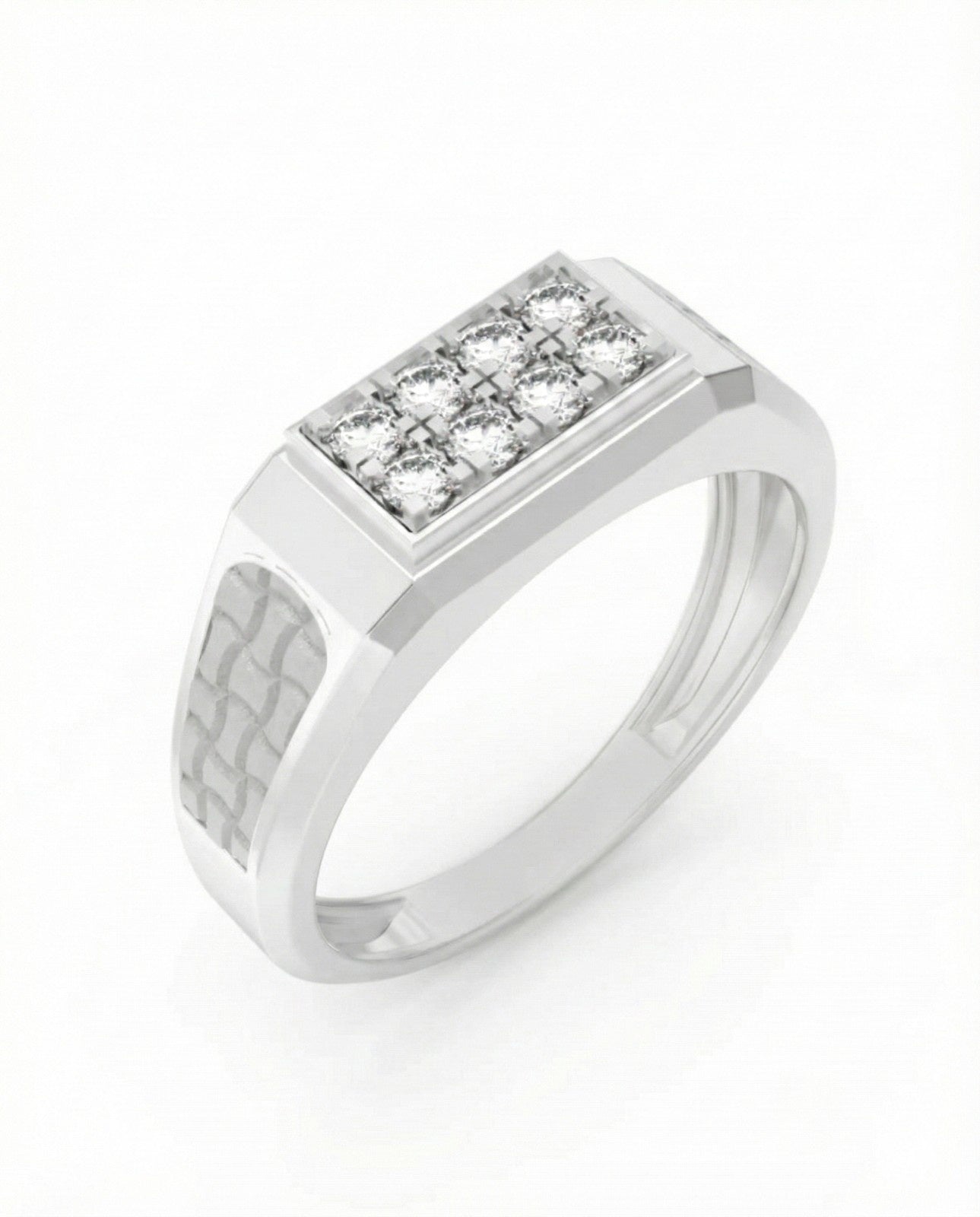 White gold ring with embedded diamonds on a white background