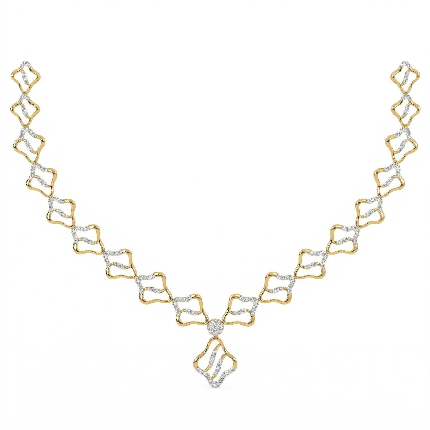 A gold and diamond necklace featuring a repeating openwork motif in yellow gold.