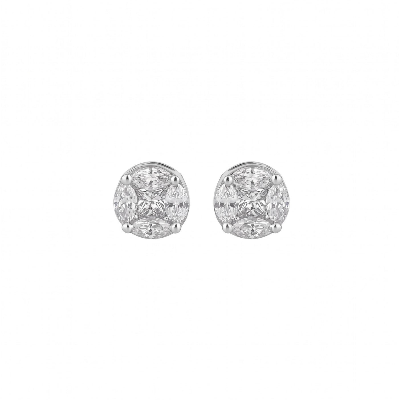 Pair of white gold and diamond stud earrings on a white background.