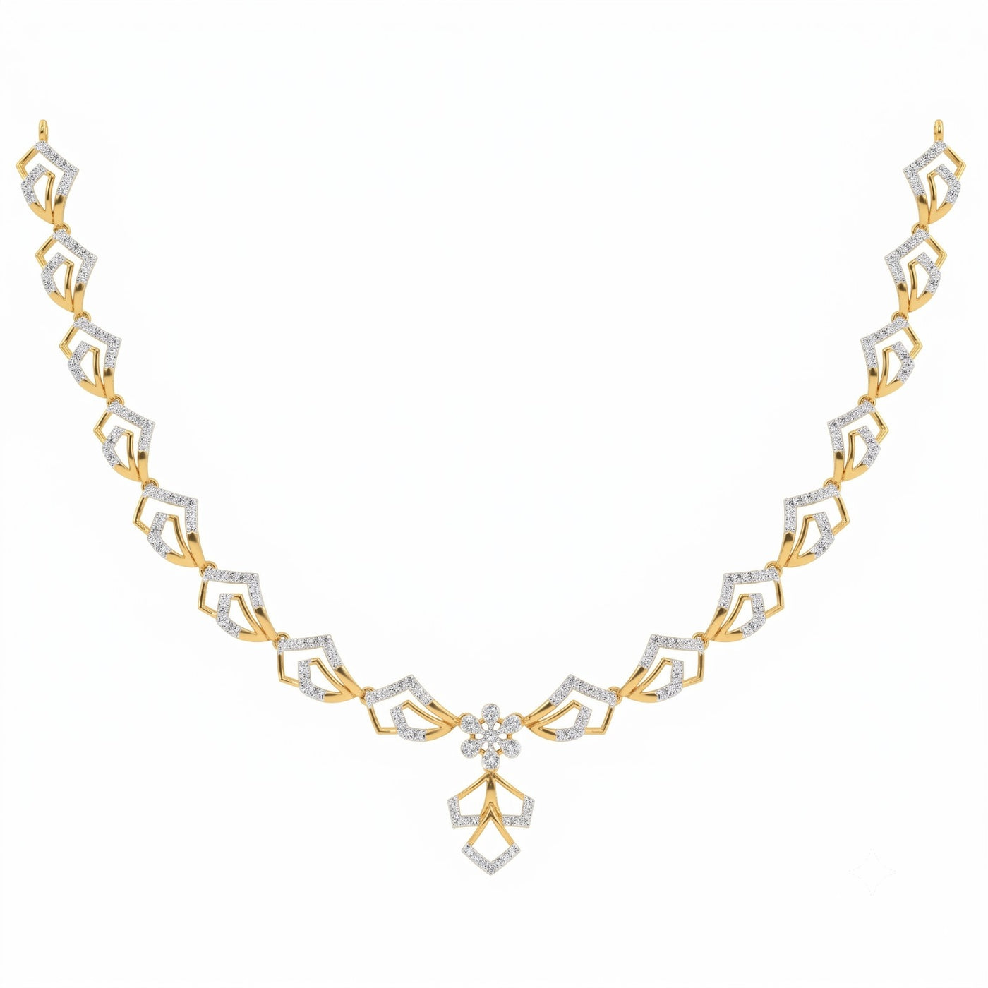 A yellow gold and diamond necklace, displayed on a solid white background.