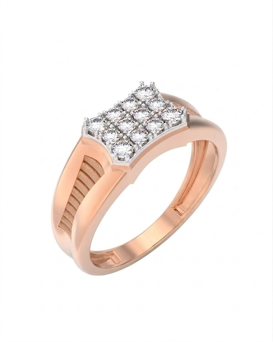A rose gold ring featuring a geometric diamond-shaped cluster of clear pavé-set stones on a white background.