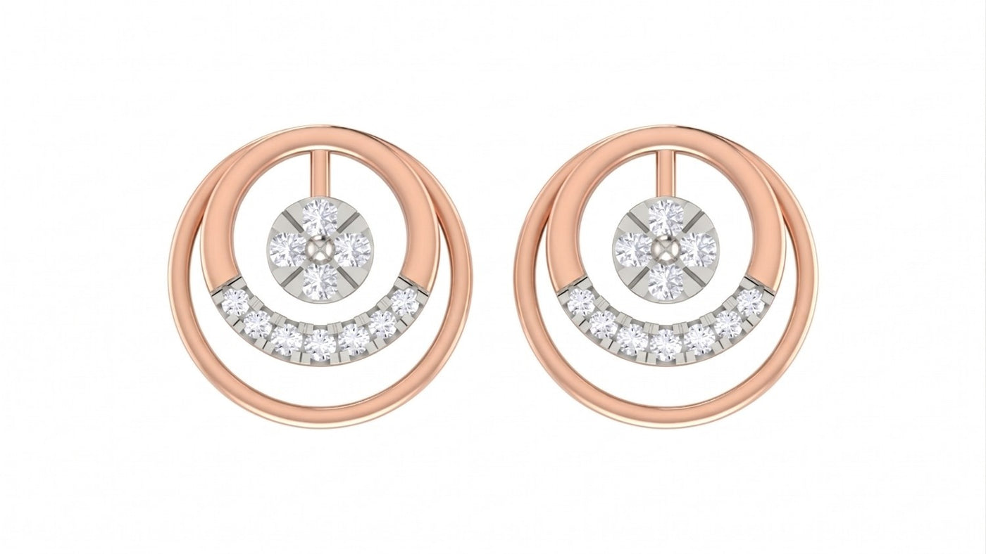 Rose gold and diamond stud earrings with circular design on a white background